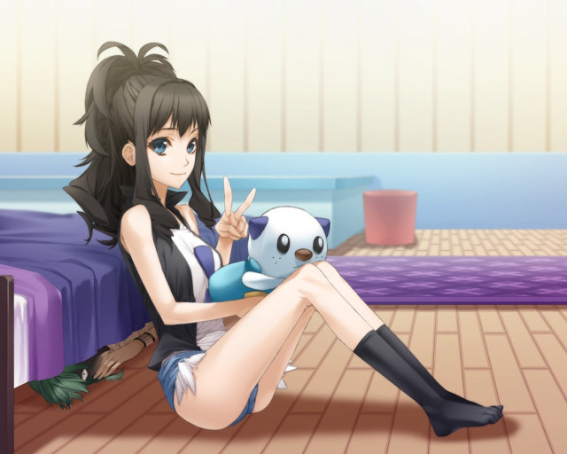 Woman sitting bed stuffed animal #4 free wallpaper for desktop - medium preview image