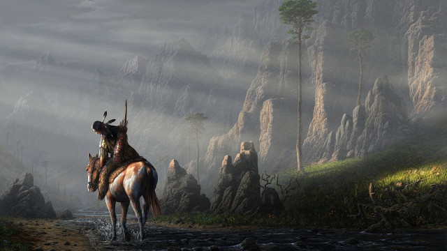 Mountain horse stream fantasy matte free wallpaper for desktop - medium preview image