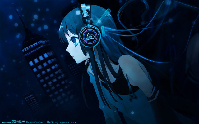 Girl headphones city skyline night #2 free wallpaper for desktop - medium preview image