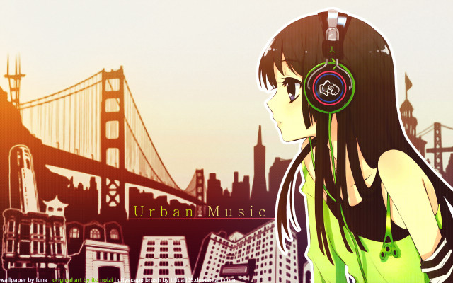 Girl headphones city skyline bridge free wallpaper for desktop - medium preview image
