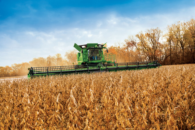 Green combine harvesting wheat fall free wallpaper for desktop - medium preview image