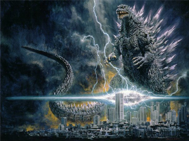 Godzilla fighting city painting sword free wallpaper for desktop - medium preview image