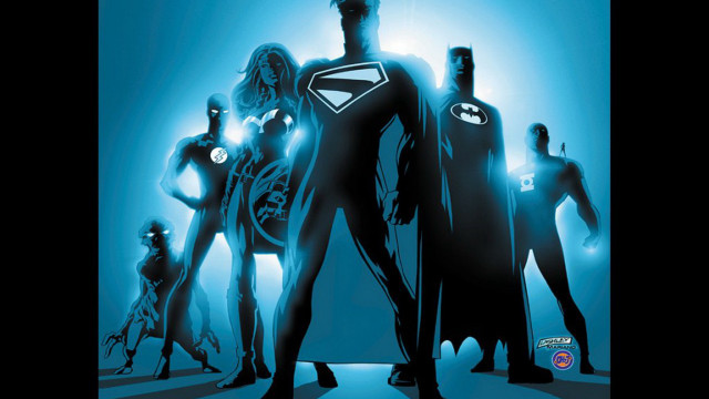 Superheroes standing line blue background free wallpaper for desktop - medium preview image
