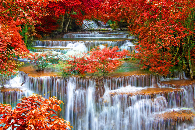 Waterfall fall foliage red trees free wallpaper for desktop - medium preview image