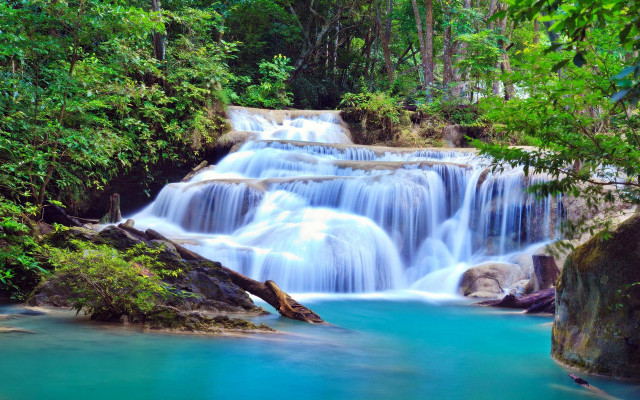 Waterfall blue pool trees people free wallpaper for desktop - medium preview image