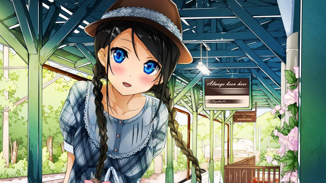 Girl hat cat train station free wallpaper for desktop - medium preview image