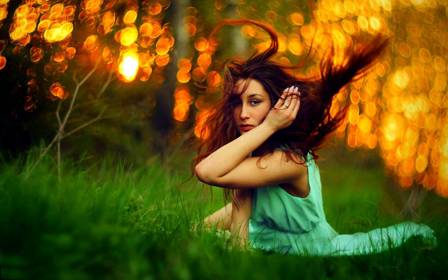 Woman grass hair wind bokeh free wallpaper for desktop - medium preview image