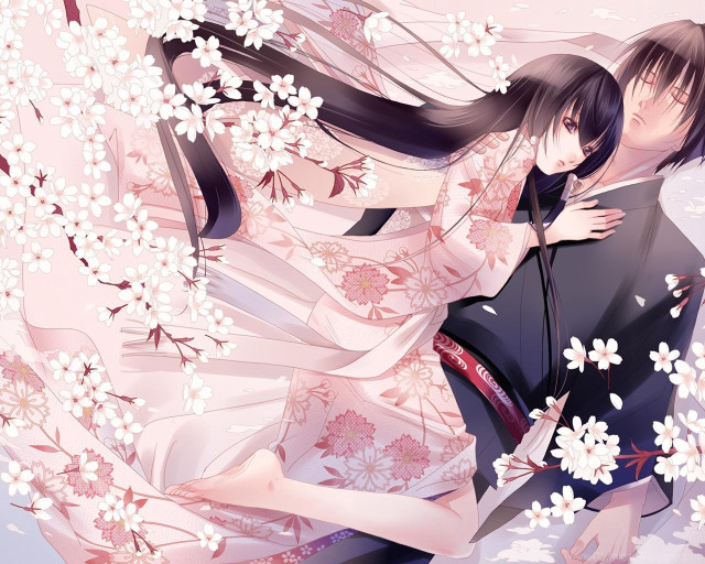 Couple hugging flowers trees white free wallpaper for desktop - medium preview image