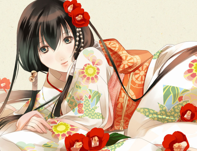 Woman kimono bed flowers hair free wallpaper for desktop - medium preview image