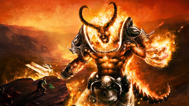 Demonic demon fire mountain flames free wallpaper for desktop - medium preview image