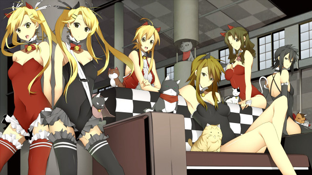 Anime girls table checkered floor free wallpaper for desktop - medium preview image