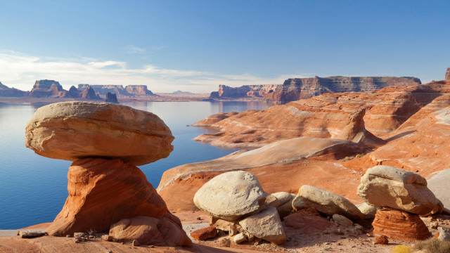 Rock formation lake mountains cliffs free wallpaper for desktop - medium preview image