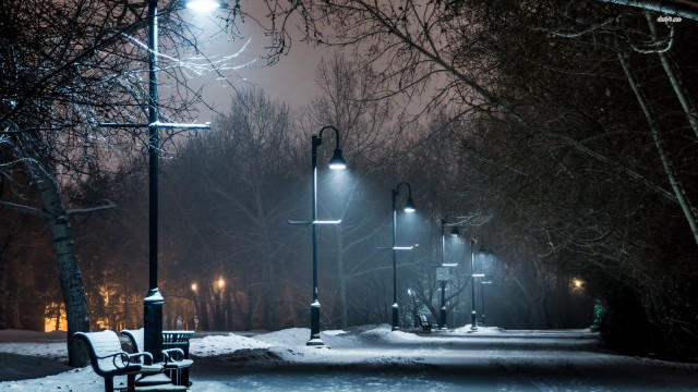 Snowy park bench night street #2 free wallpaper for desktop - medium preview image