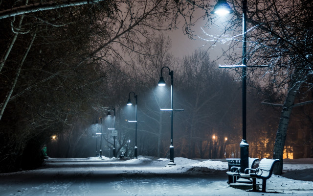 Park bench snowy sidewalk night free wallpaper for desktop - medium preview image