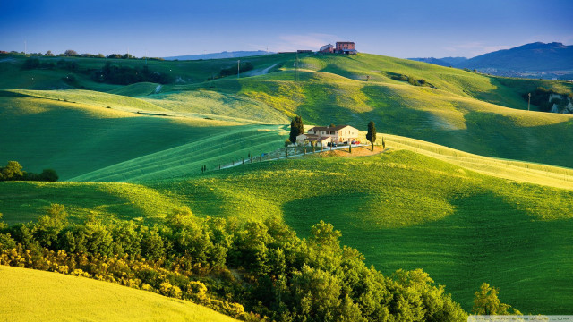 Green hillside house trees foreground free wallpaper for desktop - medium preview image