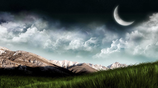 Grassy field crescent moon mountain free wallpaper for desktop - medium preview image