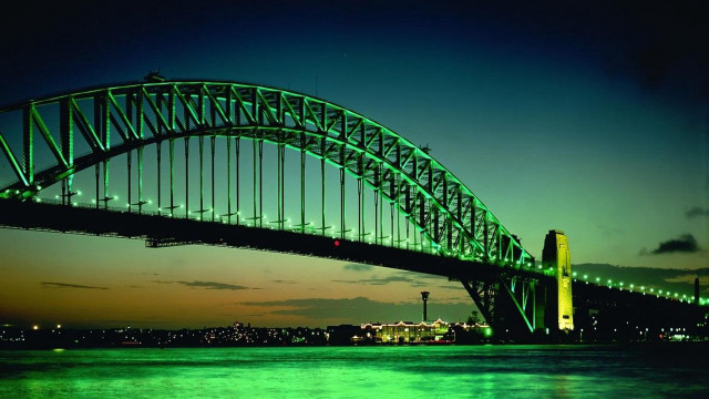 Large green bridge night water free wallpaper for desktop - medium preview image