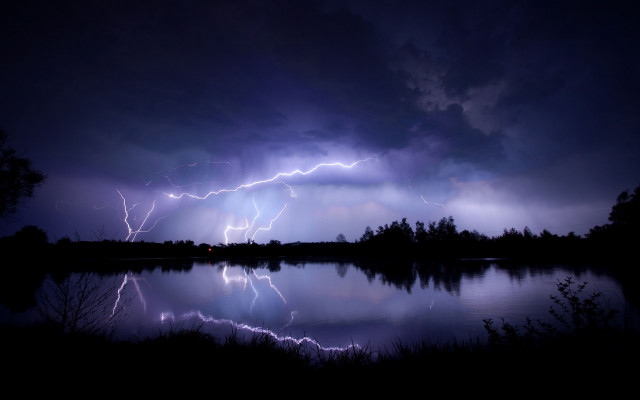 Lightning storm lake night reflection free wallpaper for desktop - medium preview image