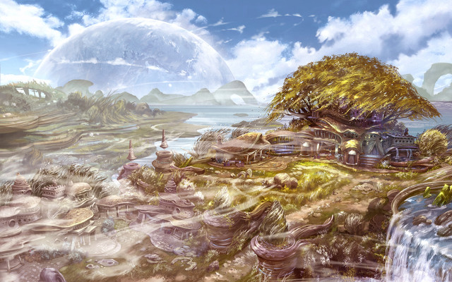 House island waterfall background painting free wallpaper for desktop - medium preview image