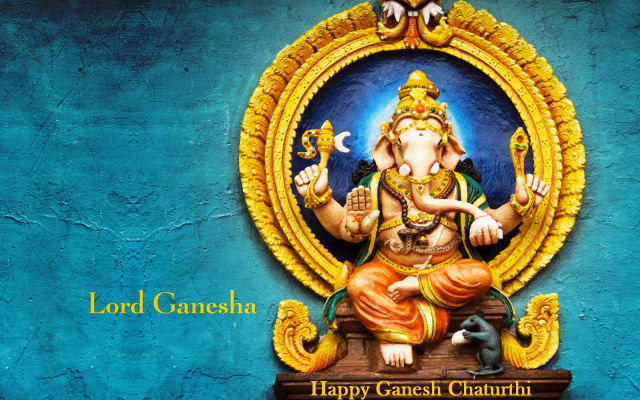Ganesha statue blue background gold free wallpaper for desktop - medium preview image