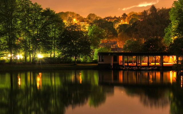 Boathouse night water trees hill free wallpaper for desktop - medium preview image