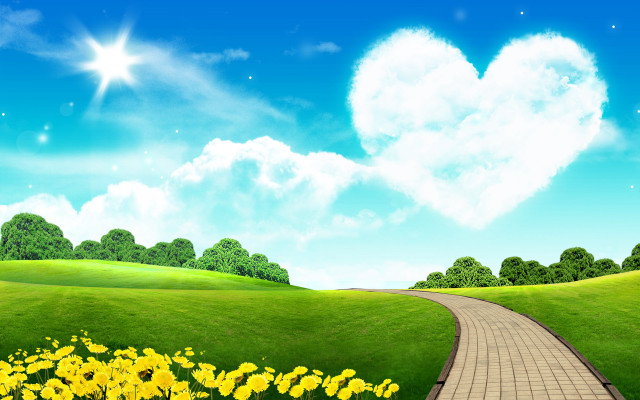 Path heart cloud field flowers free wallpaper for desktop - medium preview image