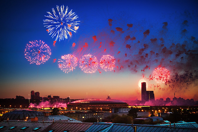 Fireworks display city skyline night free wallpaper for desktop - medium preview image