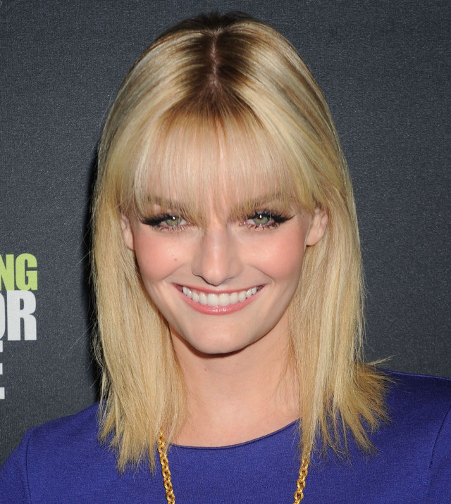 Blonde woman blue shirt smiling free wallpaper for tablet - medium preview image