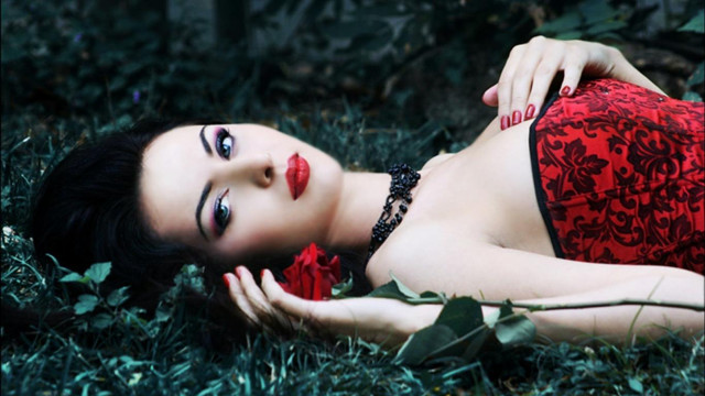 Gothic red dress roses outdoors free wallpaper for desktop - medium preview image