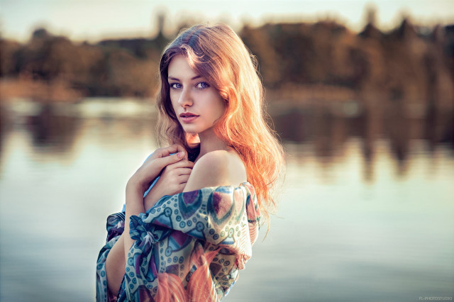 Woman red hair water pose free wallpaper for desktop - medium preview image