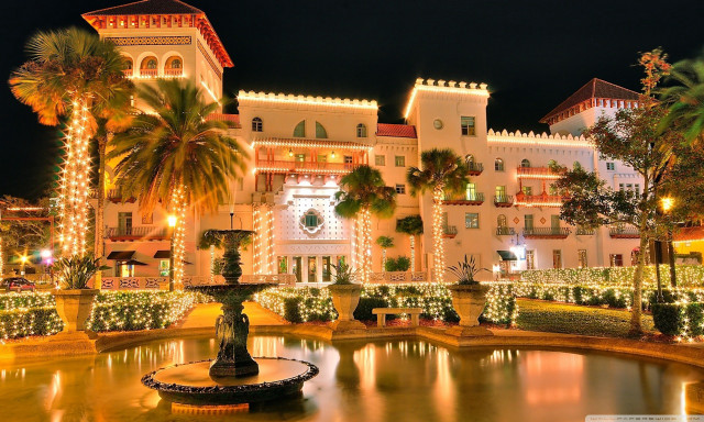 Large building fountain nighttime lights #2 free wallpaper for desktop - medium preview image