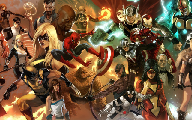 Avengers characters fire background caption free wallpaper for desktop - medium preview image