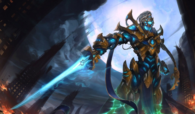 Man sword demon arm cityscape free wallpaper for desktop - medium preview image