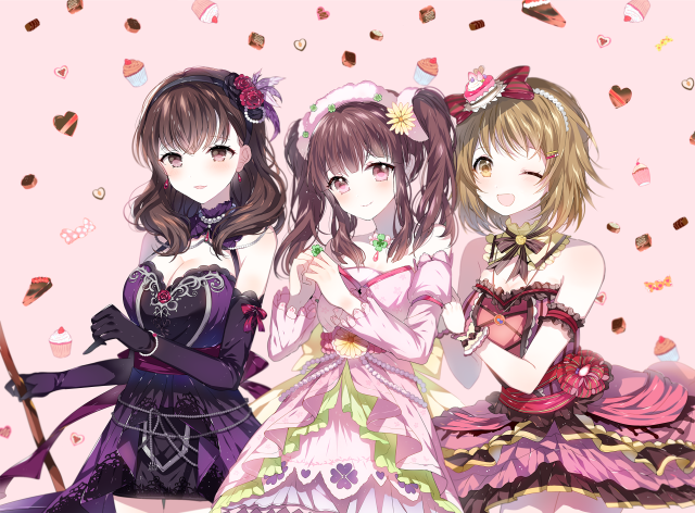 Three anime girls pink purple free wallpaper for desktop - medium preview image