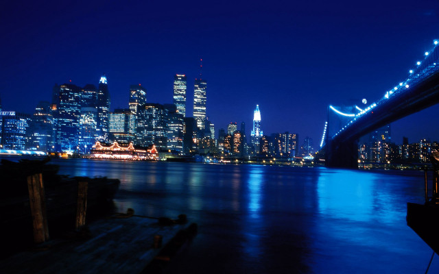 City skyline night bridge boat free wallpaper for desktop - medium preview image