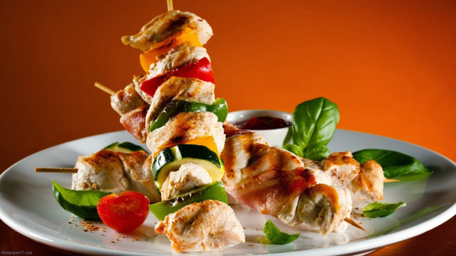 Skewers meat vegetables dipping sauce free wallpaper for desktop - medium preview image