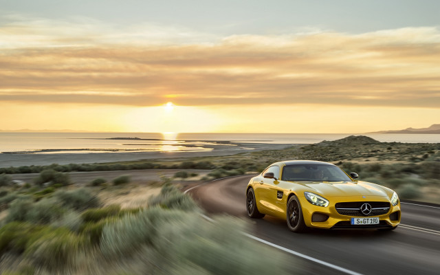 Yellow sports car ocean sunset #3 free wallpaper for desktop - medium preview image