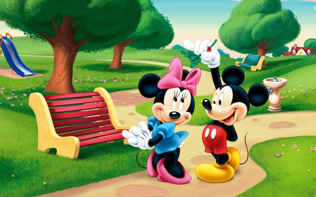 Mickey minnie mouse park bench free wallpaper for desktop - medium preview image