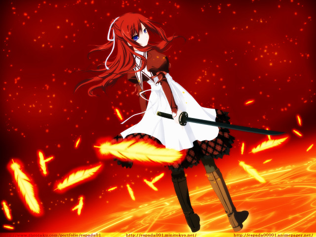 Girl sword red background fire free wallpaper for desktop - medium preview image