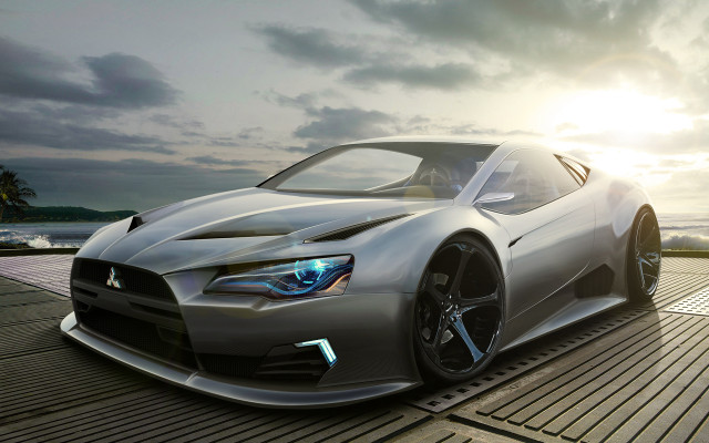 Silver sports car ocean sunset free wallpaper for desktop - medium preview image