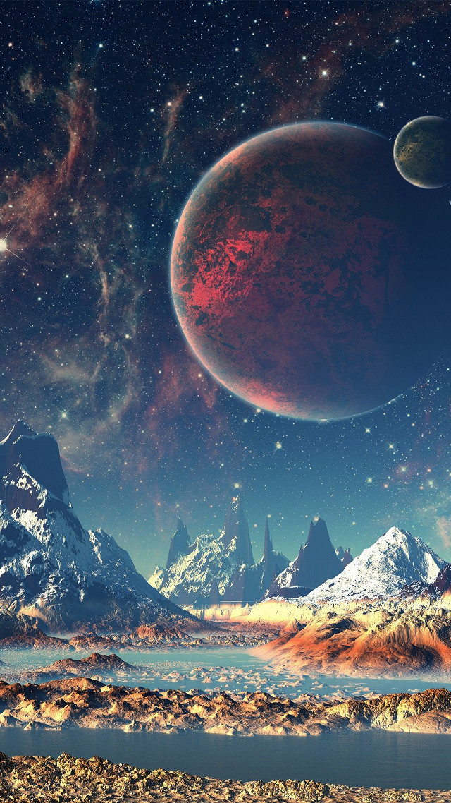 Planet mountains lake star filled free wallpaper for mobile - medium preview image
