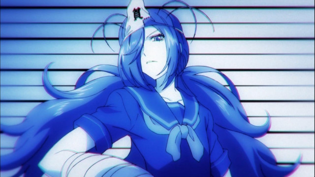 Blue haired woman bandaged eye free wallpaper for desktop - medium preview image