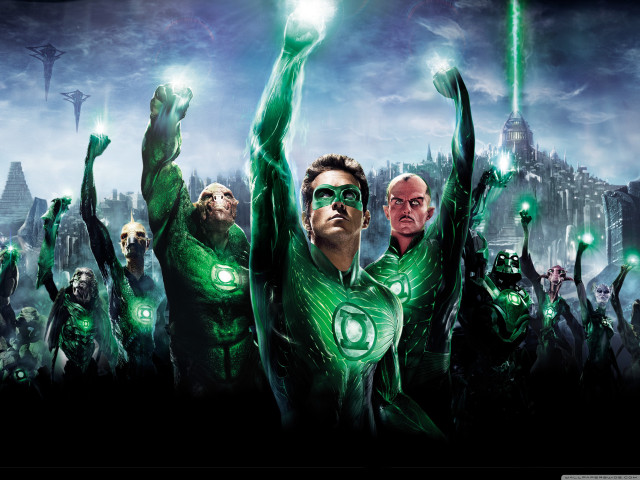 Green costumed heroes glowing lights free wallpaper for desktop - medium preview image