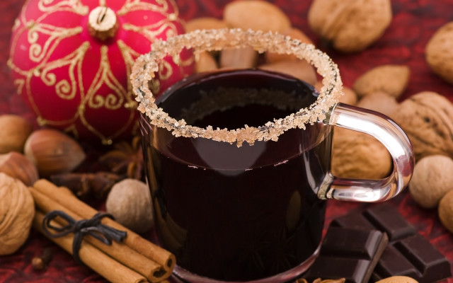 Coffee cup spoon nuts tablecloth free wallpaper for desktop - medium preview image