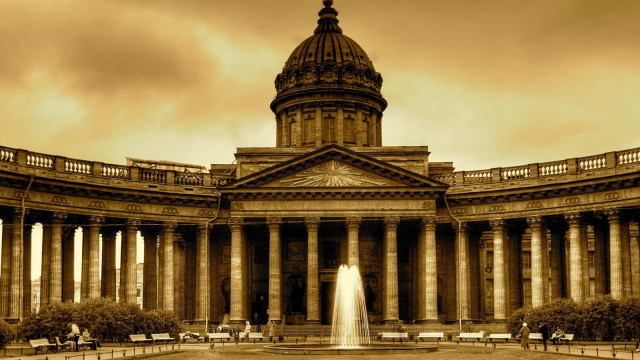 Neoclassical building fountain clocktower cloudy free wallpaper for desktop - medium preview image