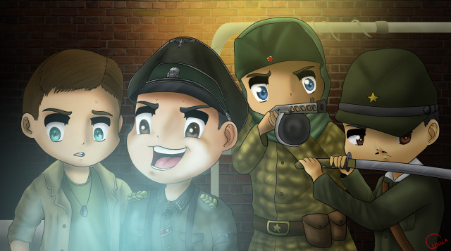 Group people brick wall gun free wallpaper for desktop - medium preview image