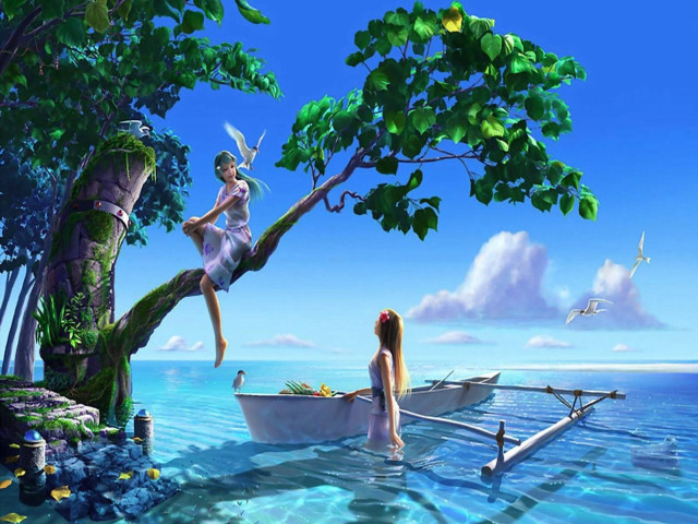 Girl sitting tree lake boat free wallpaper for desktop - medium preview image