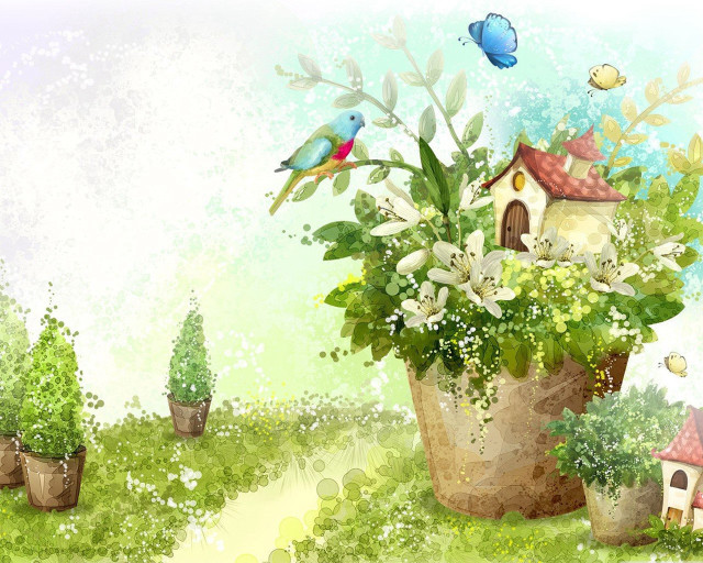 Potted plant bird house flying free wallpaper for desktop - medium preview image