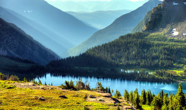 Mountain valley lake forest sky free wallpaper for desktop - medium preview image