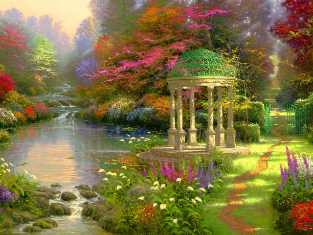 Garden gazebo flowers stream painting free wallpaper for desktop - medium preview image